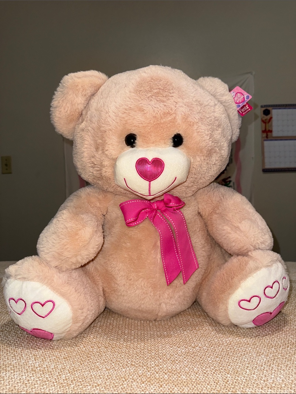 Fiesta Cream Plush Teddy Bear with Pink Heart Nose and Bow